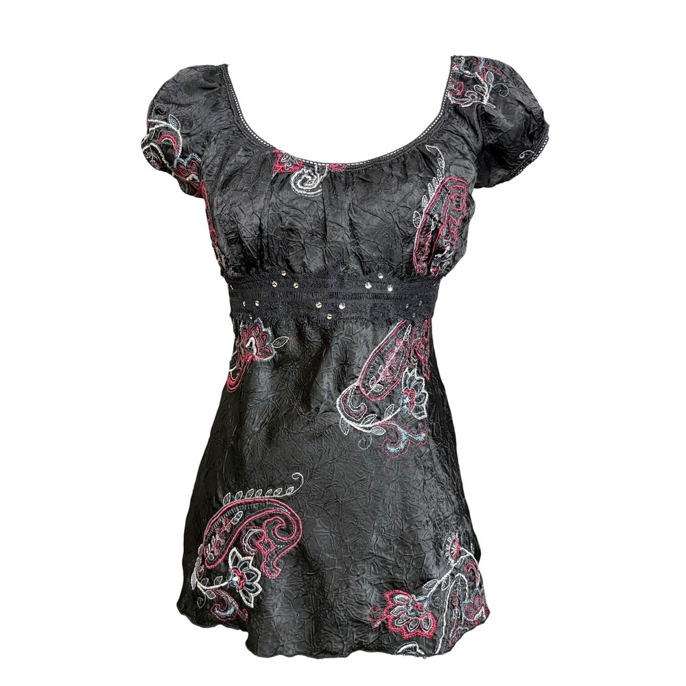 Soulmates Y2K Babydoll Top L Black Paisley Embroidered Whimsigoth Blouse L
